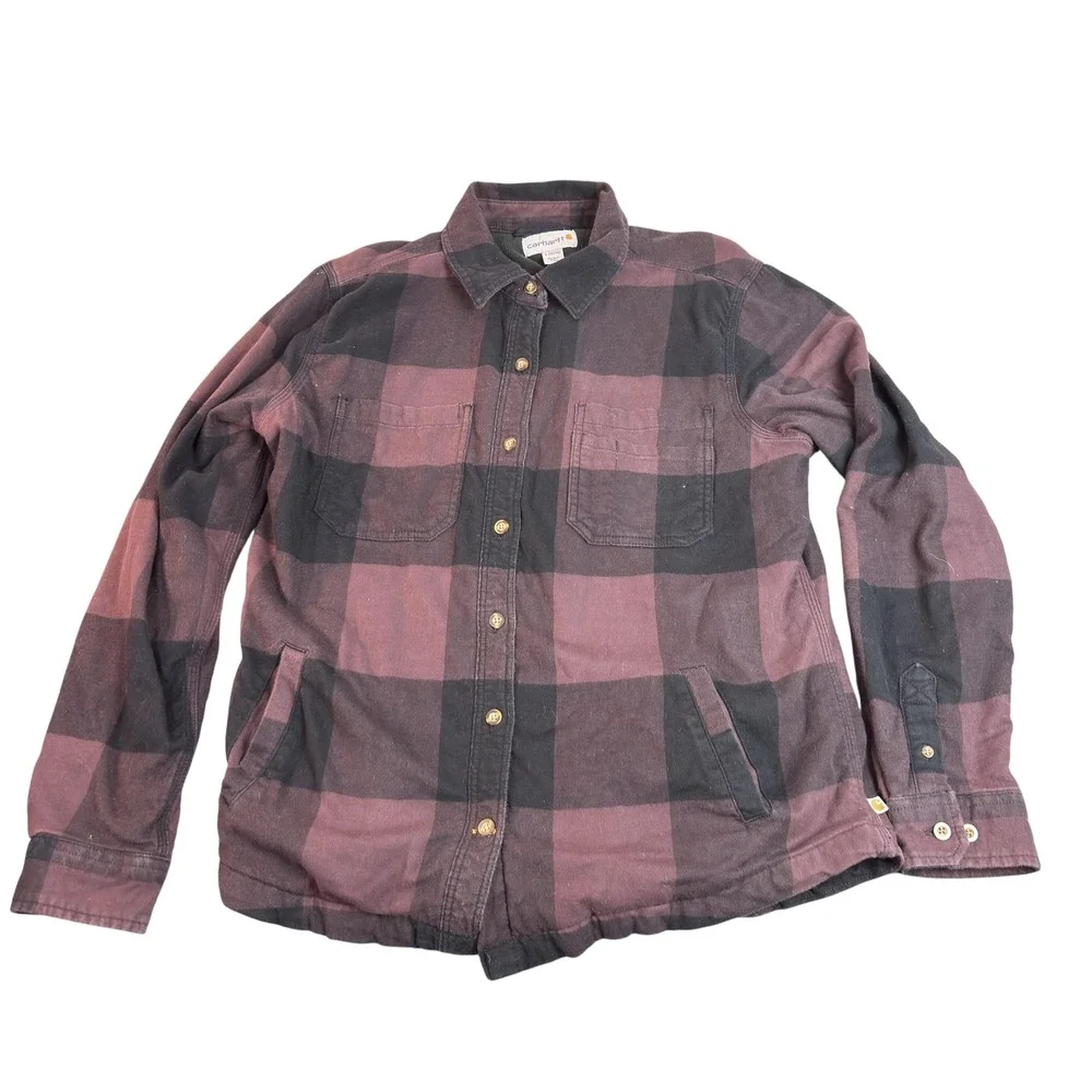 Carhartt Flannel Shirt Jacket Youth Large 12/14 Burgundy Plaid Fleece Lined